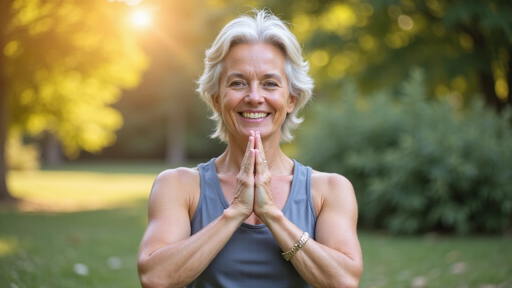Smiling active senior woman doing gentle yoga pose in nature