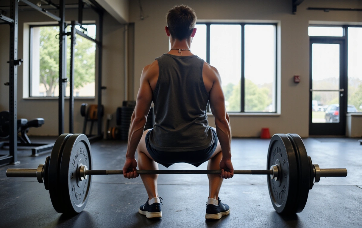 Side view of a person performing the first phase of a deadlift, lifting the bar off the floor with a straight back and engaged core.
