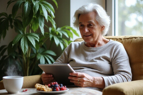 Person reading a tablet with healthy snacks and a plant