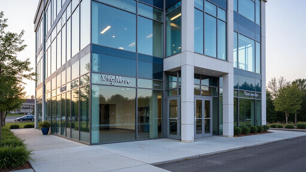 A vibrant, modern office building exterior with a clear VitalMove logo, symbolizing accessibility and professionalism.