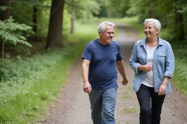 Senior couple enjoying a brisk walk in nature