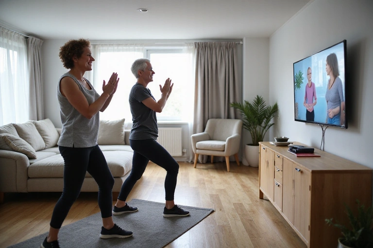 Senior couple happily following an exercise video on a large TV screen in a bright, modern living room.